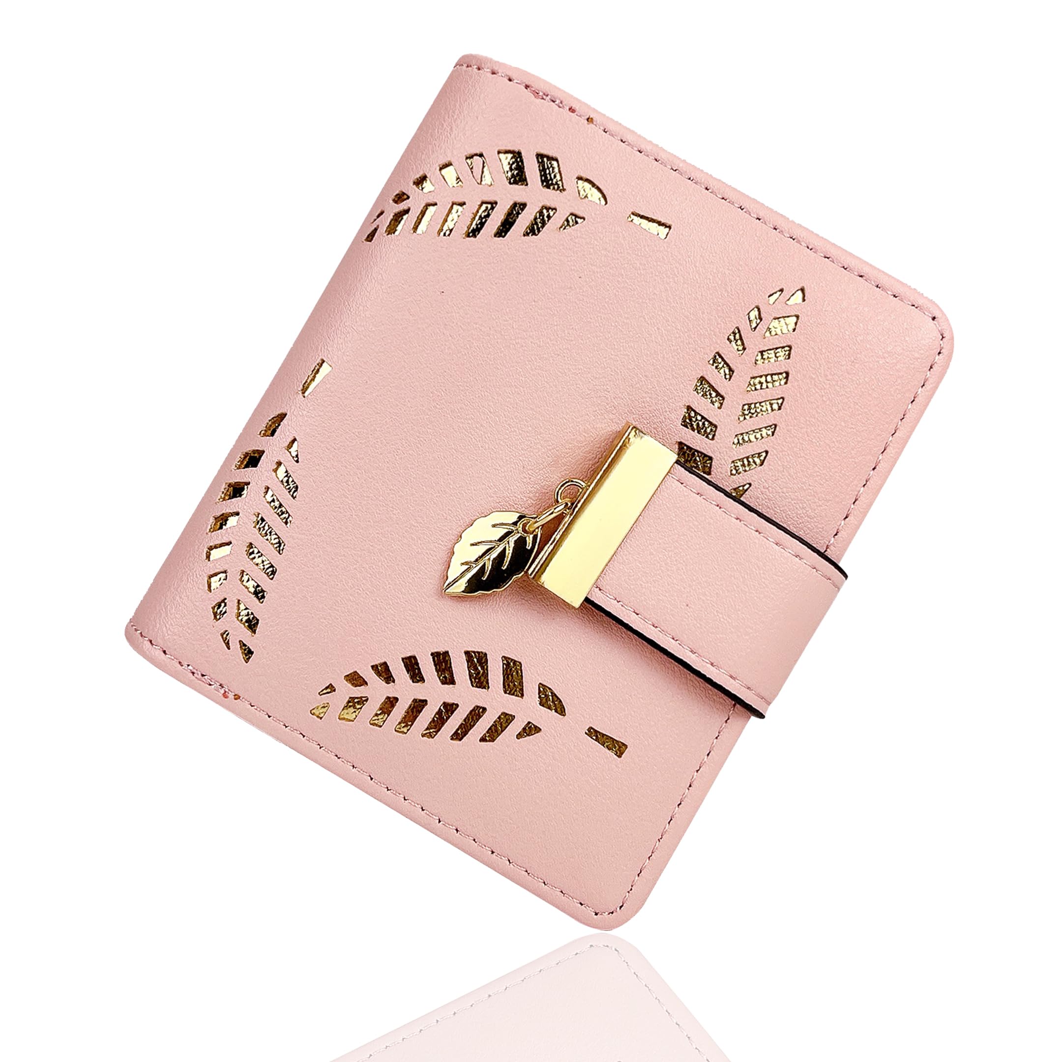 Women's Short Purse Leather Medium Wallet Leaf Bifold Card Coin Holder Small Purses Buckle Zipper Clutch-by Vodiu