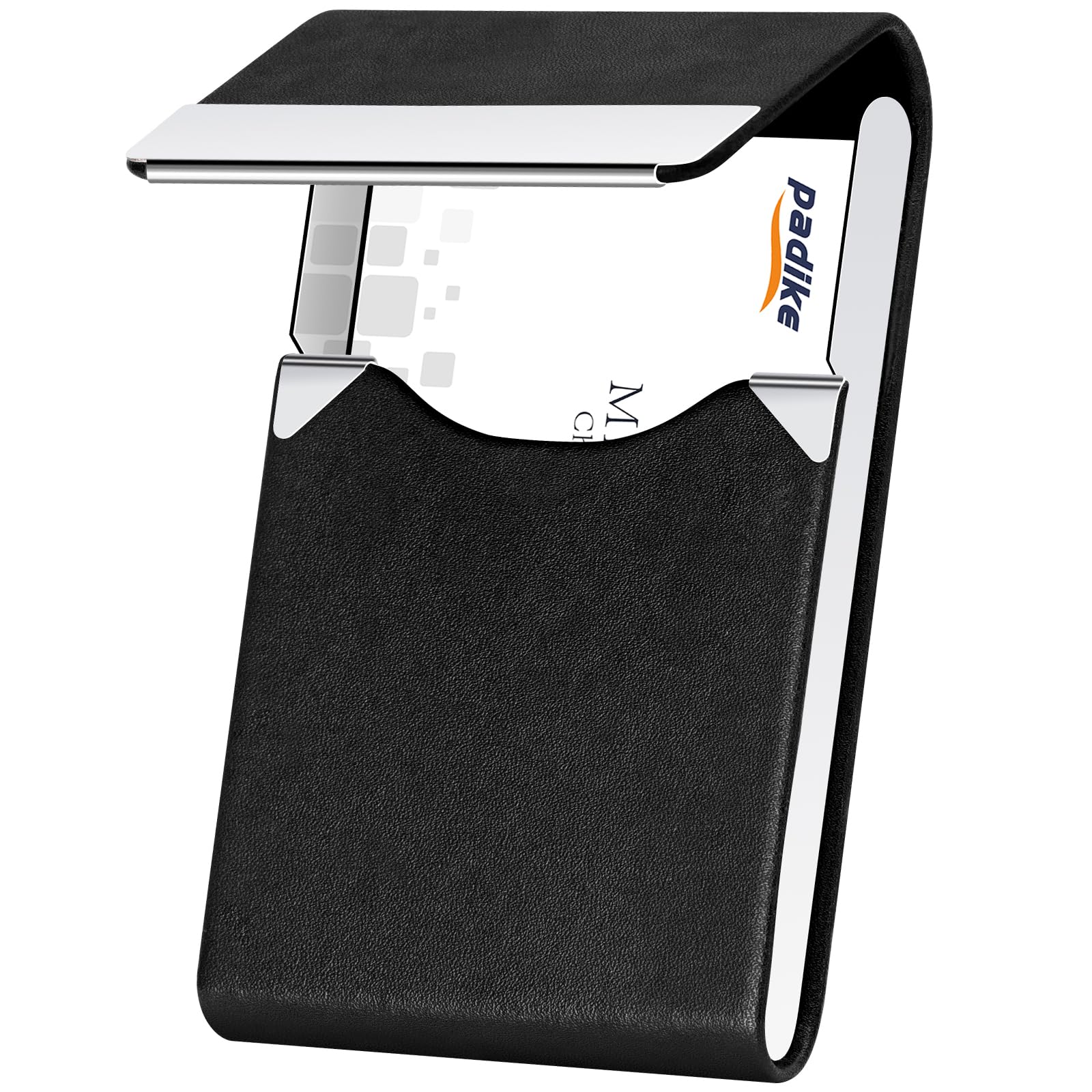 Padike Professional Business Card Holder PU Leather Business Card Case Name Card Holder Slim Metal Pocket Card Holder with Magnetic Shut (Y-Black)