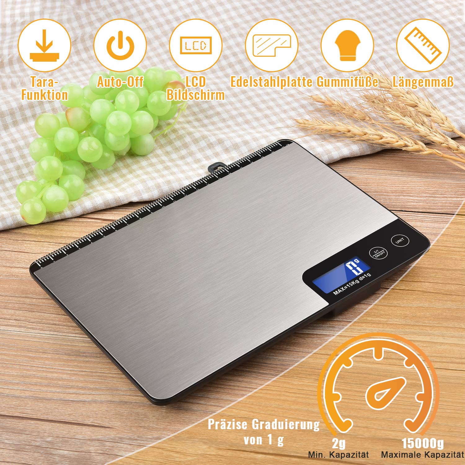 15kg Digitale Küchenwaage mit Lineal, Diyife Professionelle Digital Electronische Waage, Haushaltswaage aus Edelstahl, LCD-Anzeige, aufhängbar, 6 Einheiten, Tara-Funktion, mit Batterien 2
