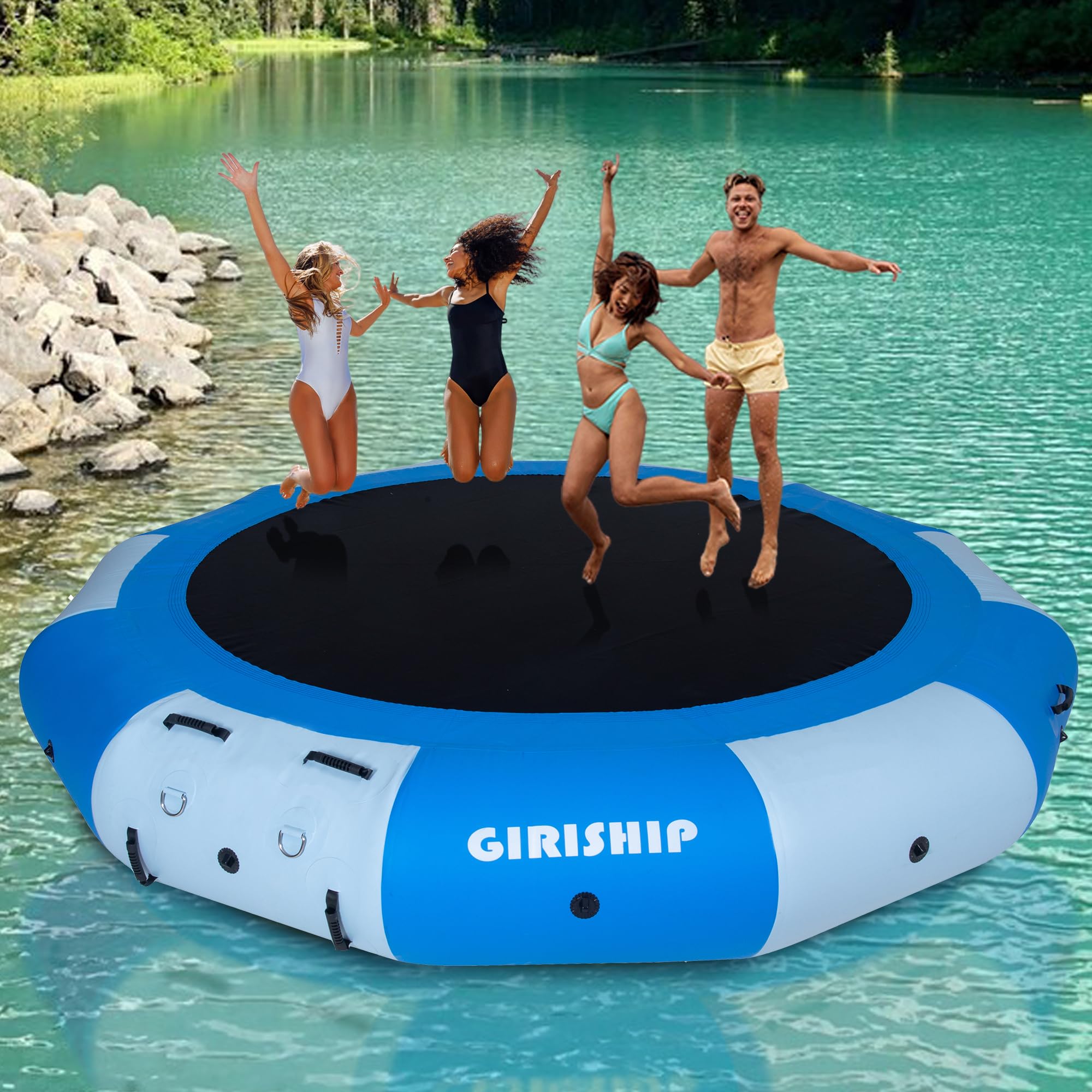 Photo 1 of Inflatable Water Trampoline, 10/12/15FT Floating Lake Trampoline for Adults Portable Bounce Swim Platform for Lake, Pools with Pump and Rope Ladder (Pale Blue)