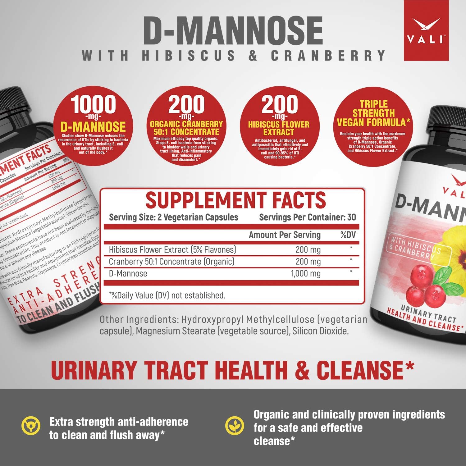 D Mannose 1000 mg Urinary Tract Health Formula - Triple Strength Organic Cranberry 50:1 Concentrate & Hibiscus. Healthy Bladder Function, Natural Yeast Cleanse & UTI Support Pills, 60 Veggie Capsules: Health & Personal Care
