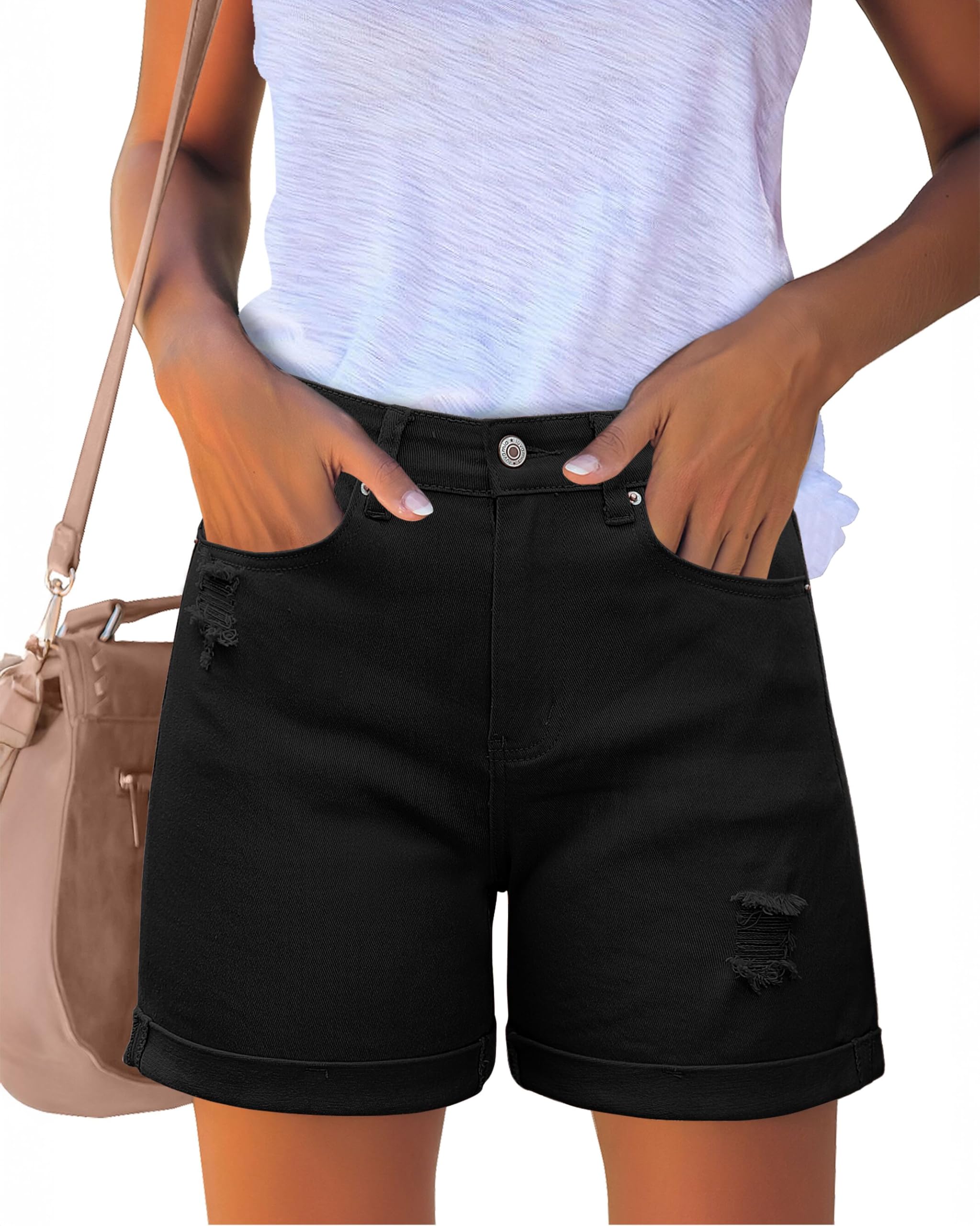 Photo 1 of (XL) (BAGGED) Luvamia Plus Size High Waisted Jean Shorts - Stretchy, Comfy, Casual with Pockets - True Black, Size X-Large (US 16-18)