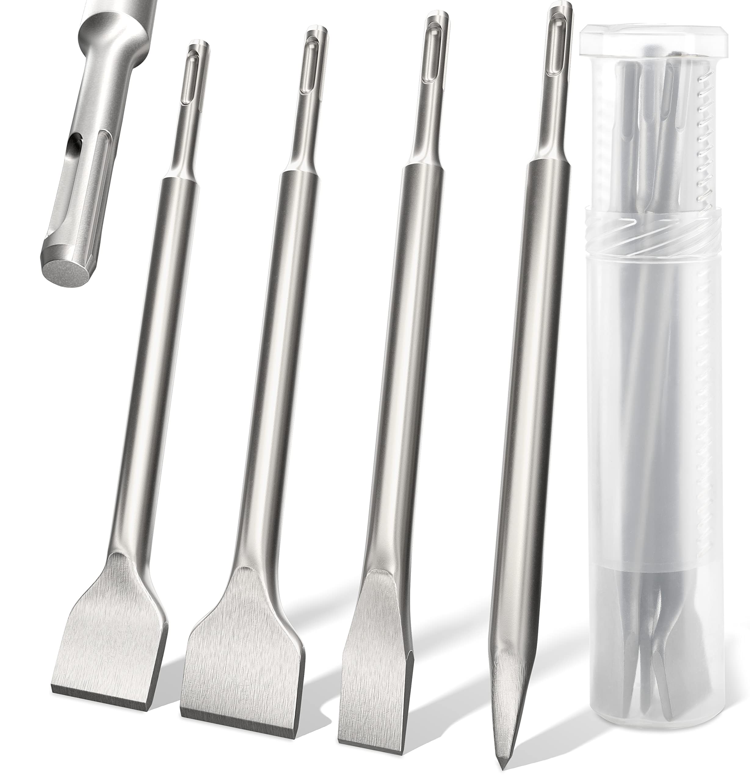 SDS-Plus Chisel Set 4 Pieces Tile Chisel 40 x 250 Flat Chisel 40 x 250 Flat Chisel 20 x 250 Pointed Chisel in Practical Rotating Box for Commercial Use