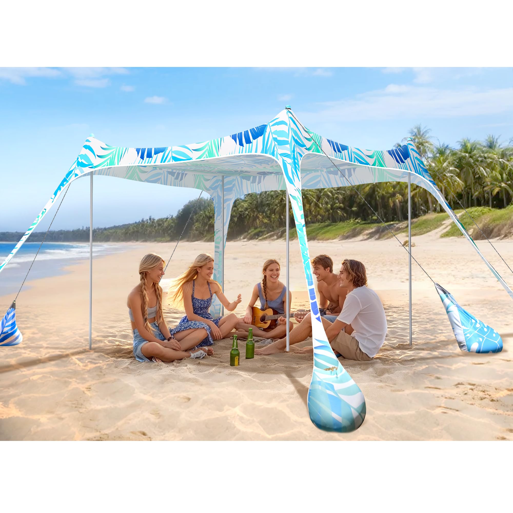 Photo 1 of 2PM SPORTS Beach Tent Canopy with UPF50+ UV Protection, Outdoor Large Beach Sun Shade Shelter for Family Picnic Camping Travel Shore Fishing, 8 Sandbags, Sand Shovel (Leaf, 10x10 FT)
