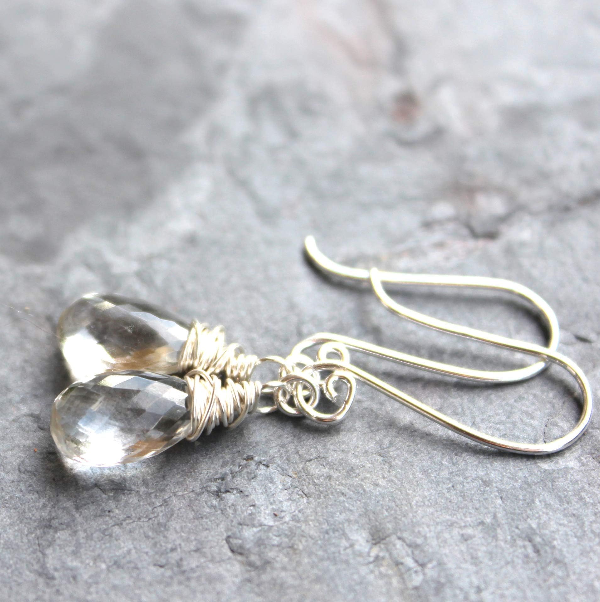 Petite Crystal Quartz Earrings Sterling Silver Dangling Drops Clear Faceted Stones Wire Wrapped