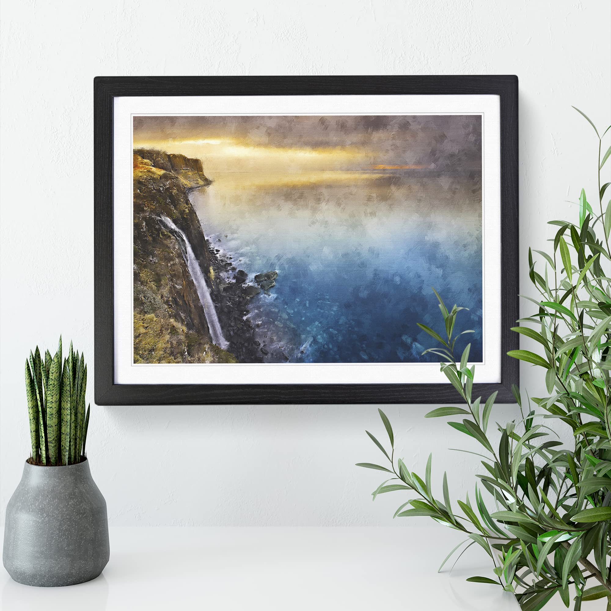 Waterfall In The Isle Of Skye Painting Modern Art Framed Wall Art Print, Ready to Hang Picture for Living Room Bedroom Home Office Décor, Black A3 (46 x 34 cm)