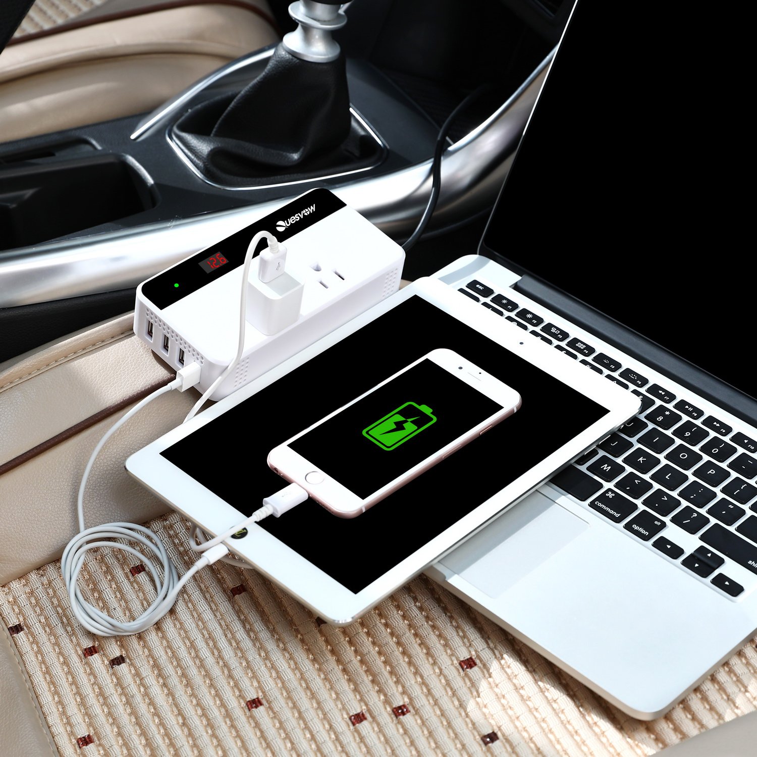 Quesvow 200W Car Power Inverter DC 12V to 110V AC Converter 4 USB Ports Charger-White