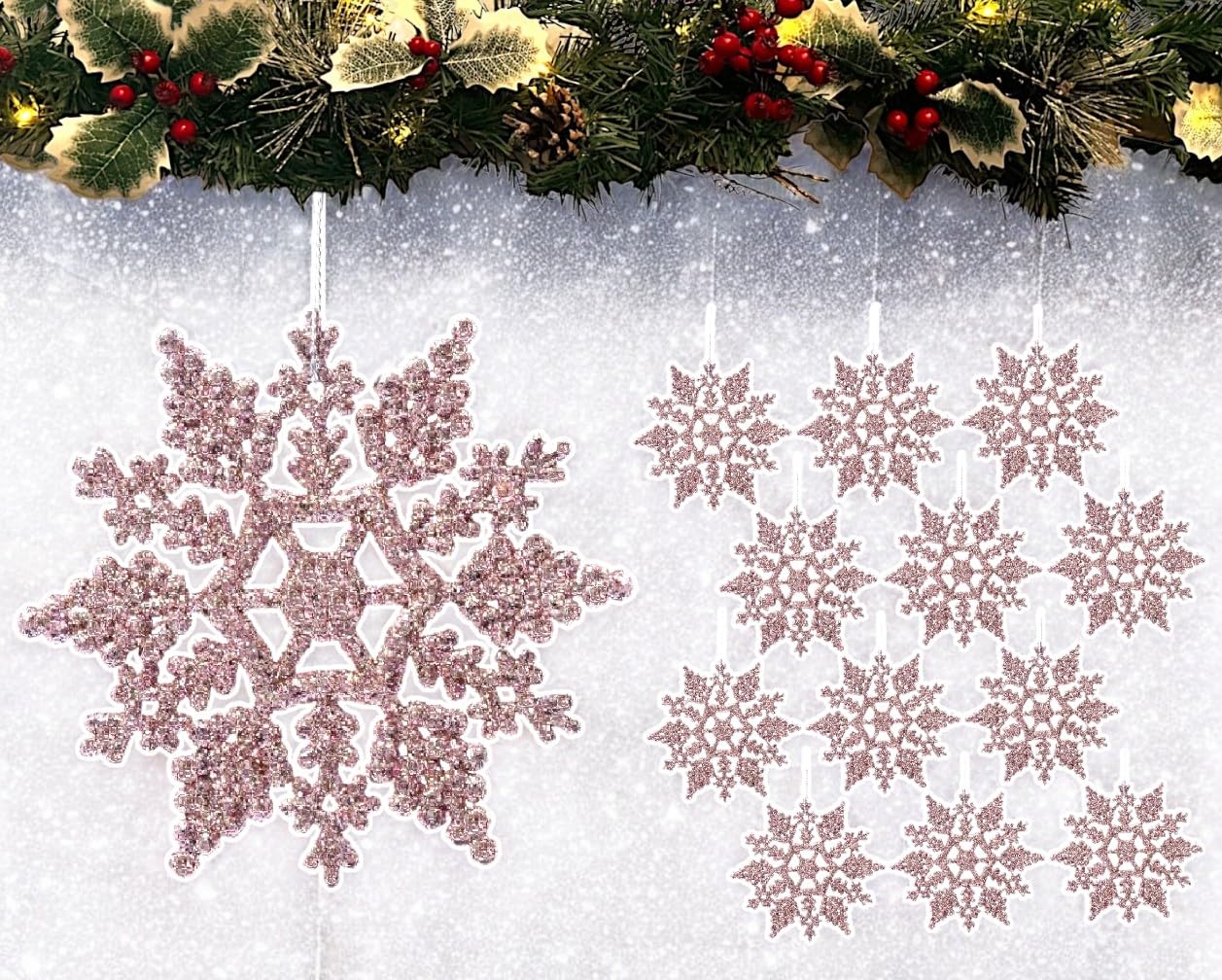 12pk Glitter Snowflake Hanging Decorations, Christmas Tree Snowflake Baubles/Ornaments (Rose Gold)
