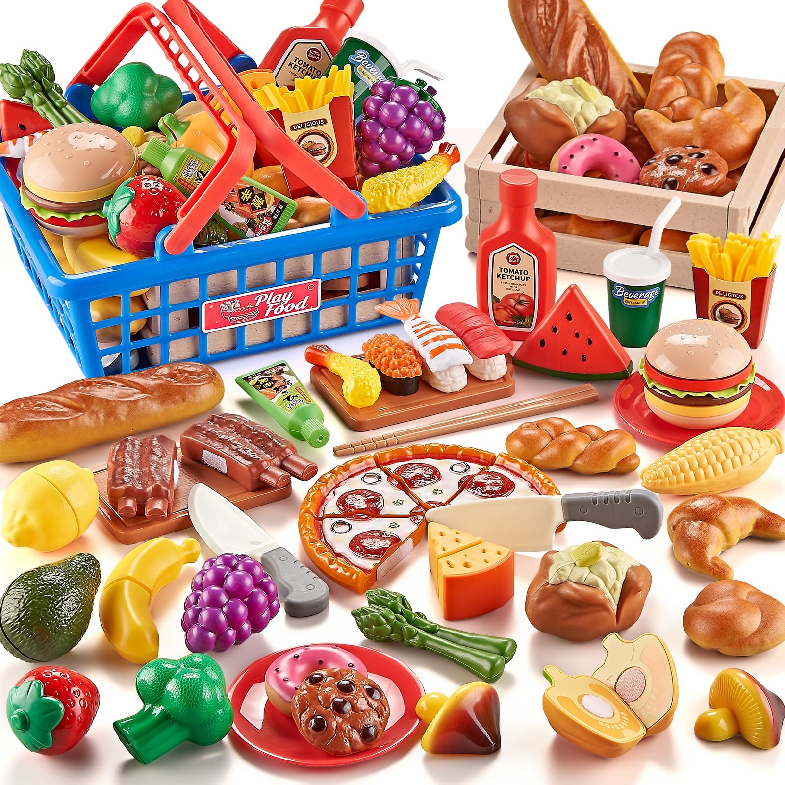 Play Food Sets for Kids Kitchen, Global Cuisine Toddler Cutting Fake Food Toys Including Pizza, Sushi & Bakery , Pretend Toy Food & Play Kitchen Accessories with 2 Baskets, Ideal Gift for Boys Girls
