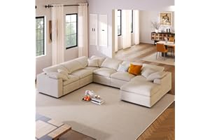 KIVENJAJA Oversized Modular Sectional Sofa, Chenille U-Shaped Couch with Ottoman, 7 Seater Living Room Furniture Sets Sleeper Sofá Bed with 3 Pillows, 129.3" W, Beige