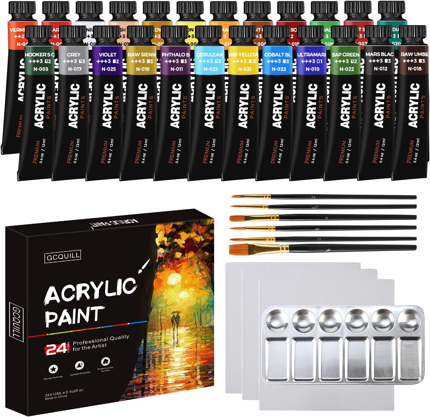 24 Vibrant Colours Acrylic Paint Set 12 ml x24 Tubes for Artist with 6 Paint Brushes, Stainless Steel Palette, 3 Blank Canvas