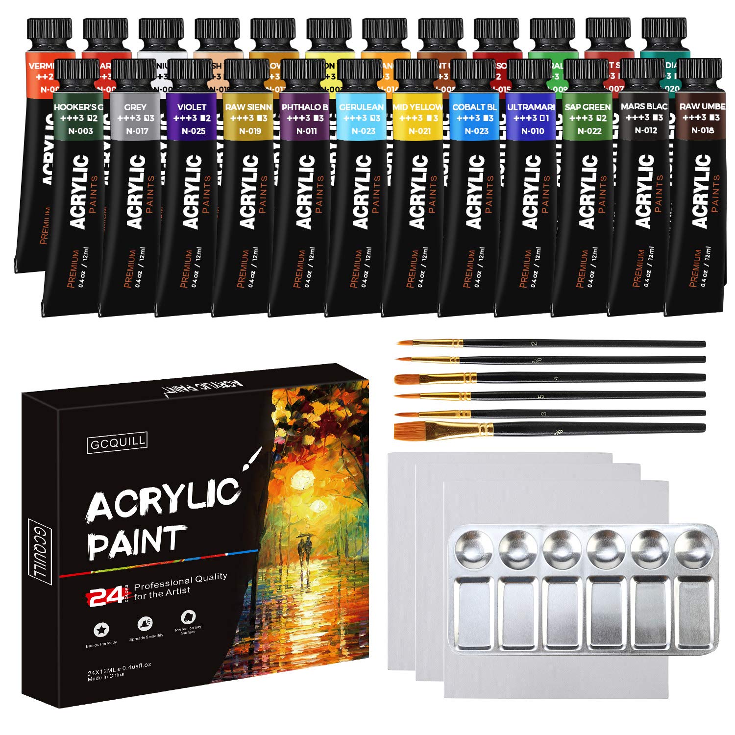 24 Vibrant Colours Acrylic Paint Set 12 ml x24 Tubes for Artist, with 6 Paint Brushes, Stainless Steel Palette, 3 Blank Canvas, for Most Surfaces, Wood, Ceramic, Fabric, Crafts GC-AP24 (24)
