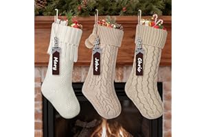 KHOYIME Personalized Knit Christmas Stockings, 3 Pack 18'' Large White Khaki Vintage Knitted Xmas Stocking with Wooden Names 
