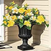 INXUGAO Artificial Flowers for Outdoors Indoors,2 Bunches Fake Hibiscus with Realistic UV Resistant Silk Flower Fabric Leaves,Faux Plants Outside for Home Patio Garden Yard Poch Decor(Yellow,White)