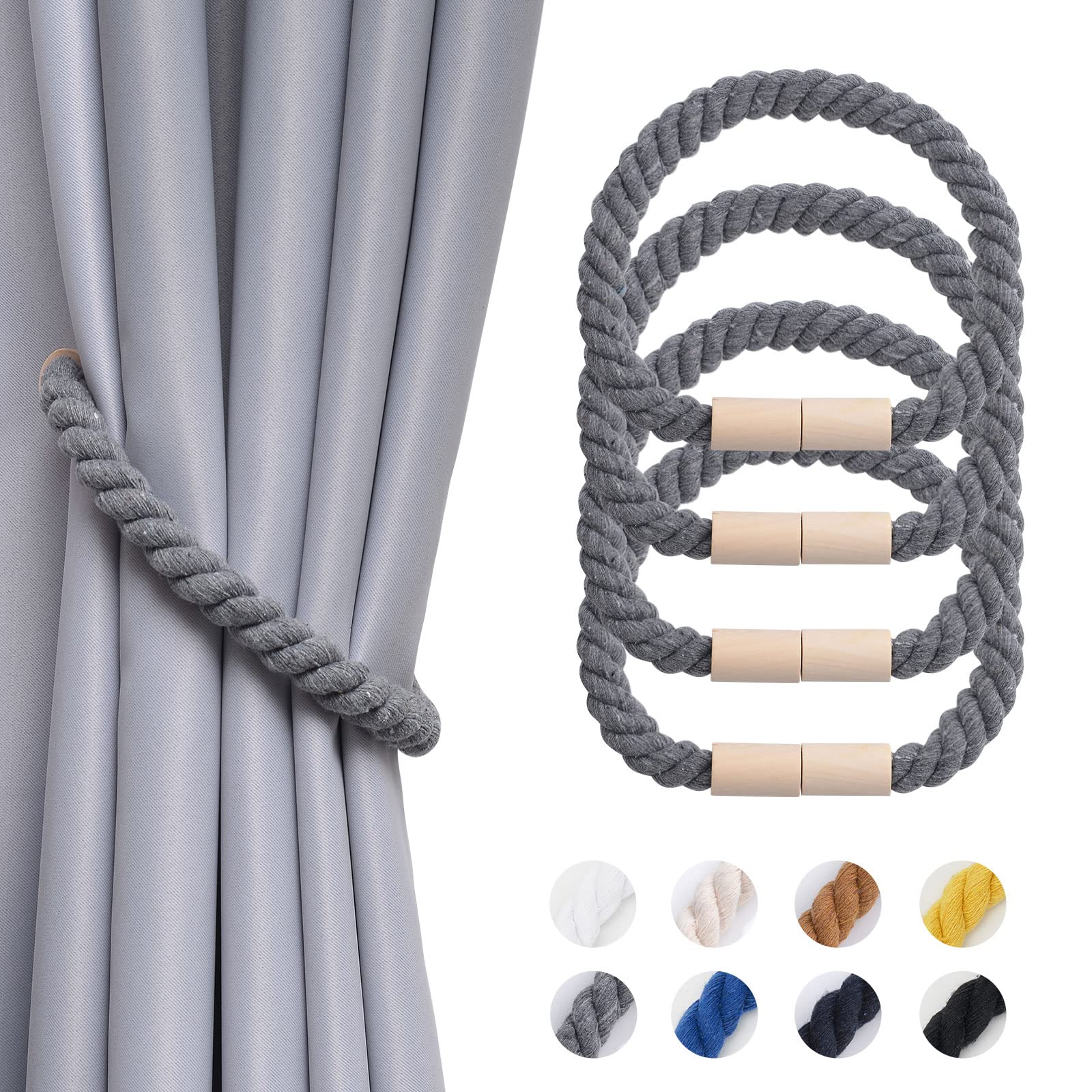 Pretty Jolly 4 Pack Wooden Magnetic Curtain Tiebacks Boho Home Decoration Drape Tie Backs Natural Cotton Handmade Rope Curtain Holdbacks for Thin or Thick Home & Office Window Drapery (Grey)