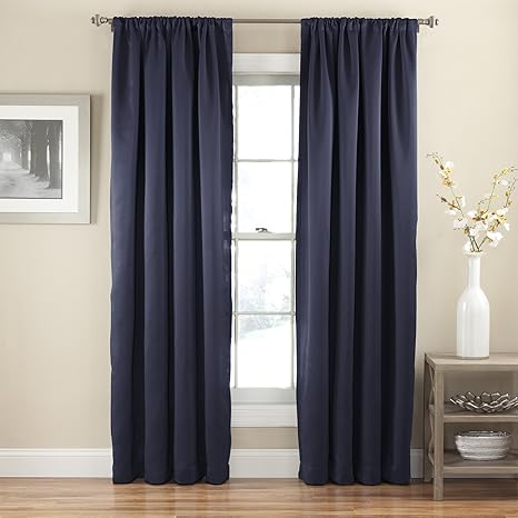 Amazon Com Eclipse Tricia Thermal Insulated Single Panel Rod Pocket Light Blocking Curtains For Living Room 52 X 63 Midnight Home Kitchen