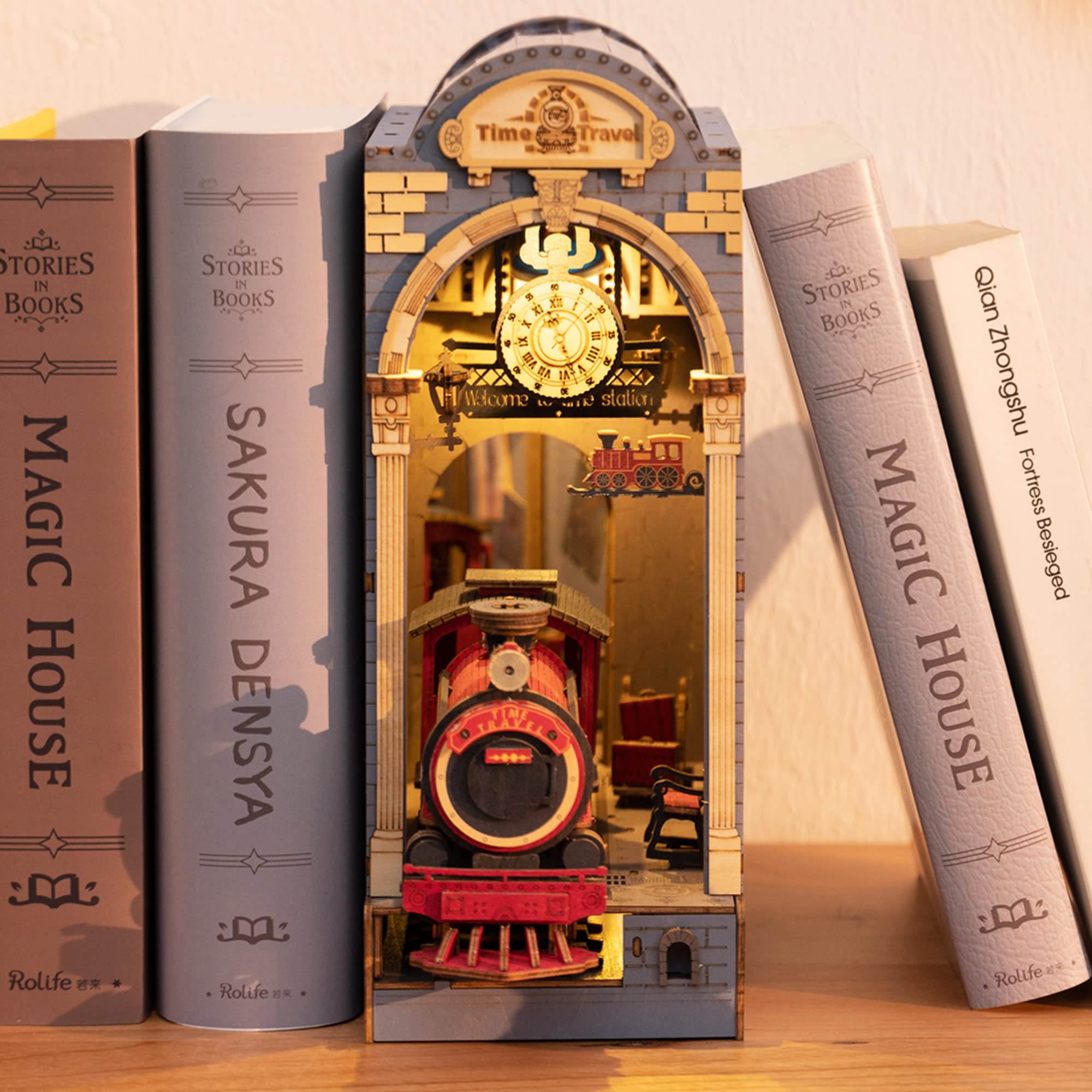 Hands Craft DIY Book Nook Kit – Time Travel Miniature House Dollhouse LED Lights Booknook Bookshelf Insert Laser Cut Wooden Puzzle 3D Bookends Book Stand Decor TGB04