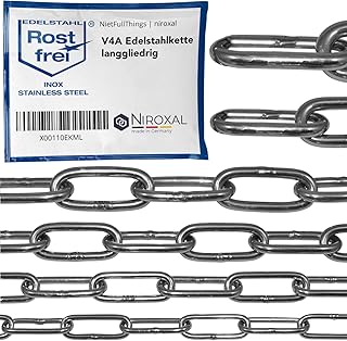 NietFullThings 50-cm = 0,5-Meter 3-mm Starke Edelstahl-Kette V4A Lang-gliedrig Stueck Anker-Kette DIN 5685 DIN 763 Meterware rostfrei NIRO INOX Gliederkette Absperrkette Bojenkette 0,5-m
