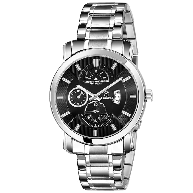 Lamkei Premium Imported Working Chronograph Black Dial Silver Stainless Steel Chain Men�s Watch � LMK-0045