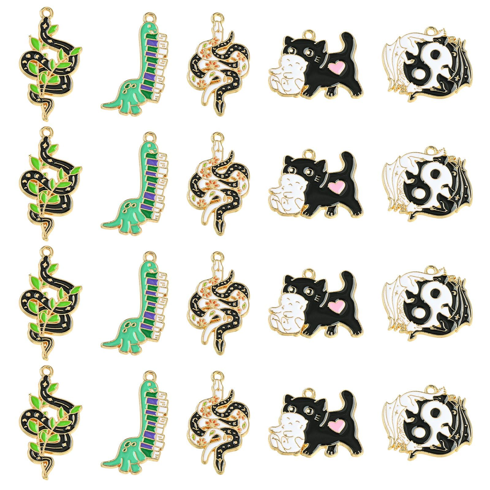 Stiesy 20Pcs 5 Styles Enamel Animal Charms Cat Snake Pendant Charm Dragon Dinosaur Dangle Charms for Jewellery Making Bracelet Crafting Necklaces