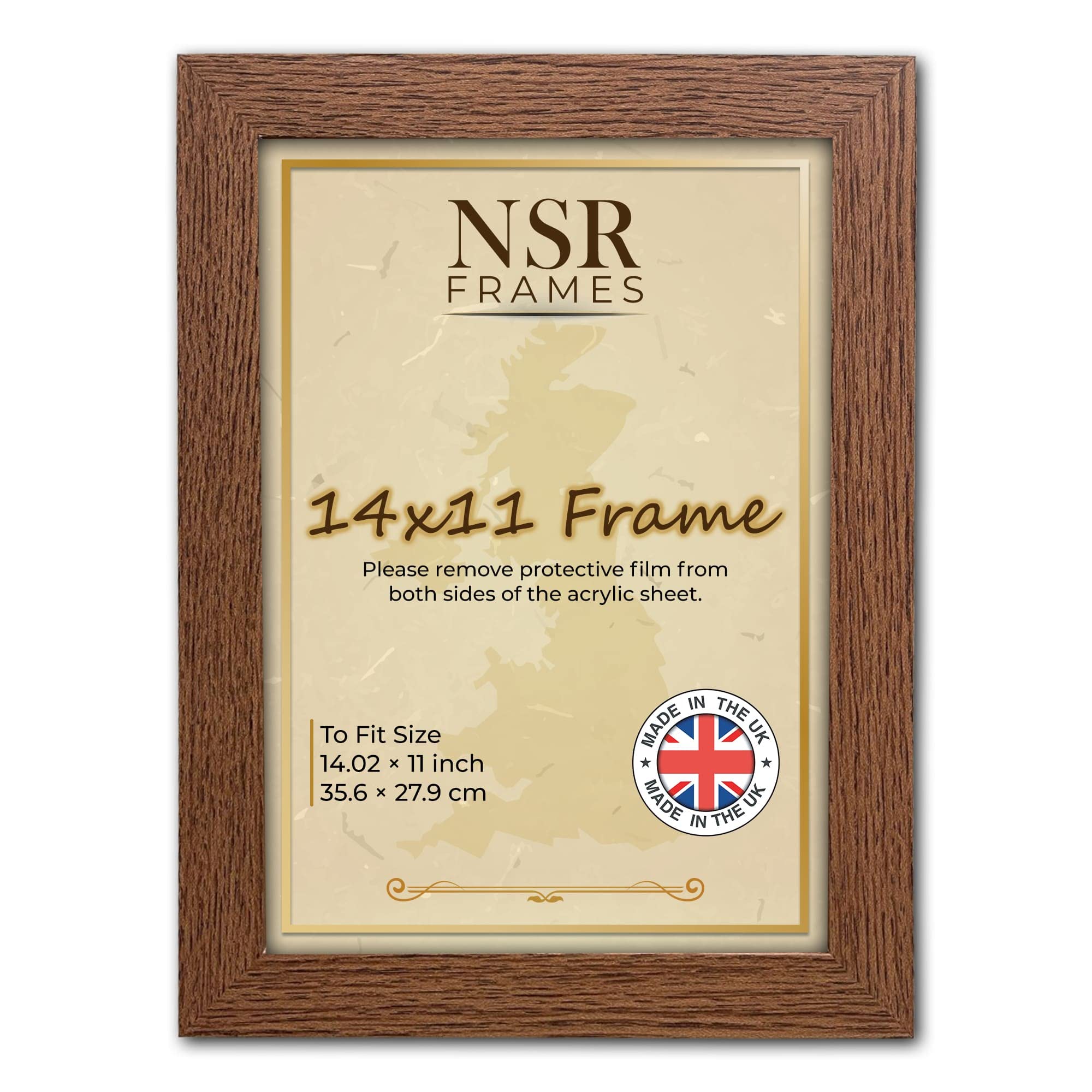 NSR 14x11 Inch Dark Oak Picture Photo Frame (35.6x27.9 cm) - Flat Wall Mount Hang Hooks & Poster Frame MDF Wooden Portrait/Panoramic Clear Acrylic Display