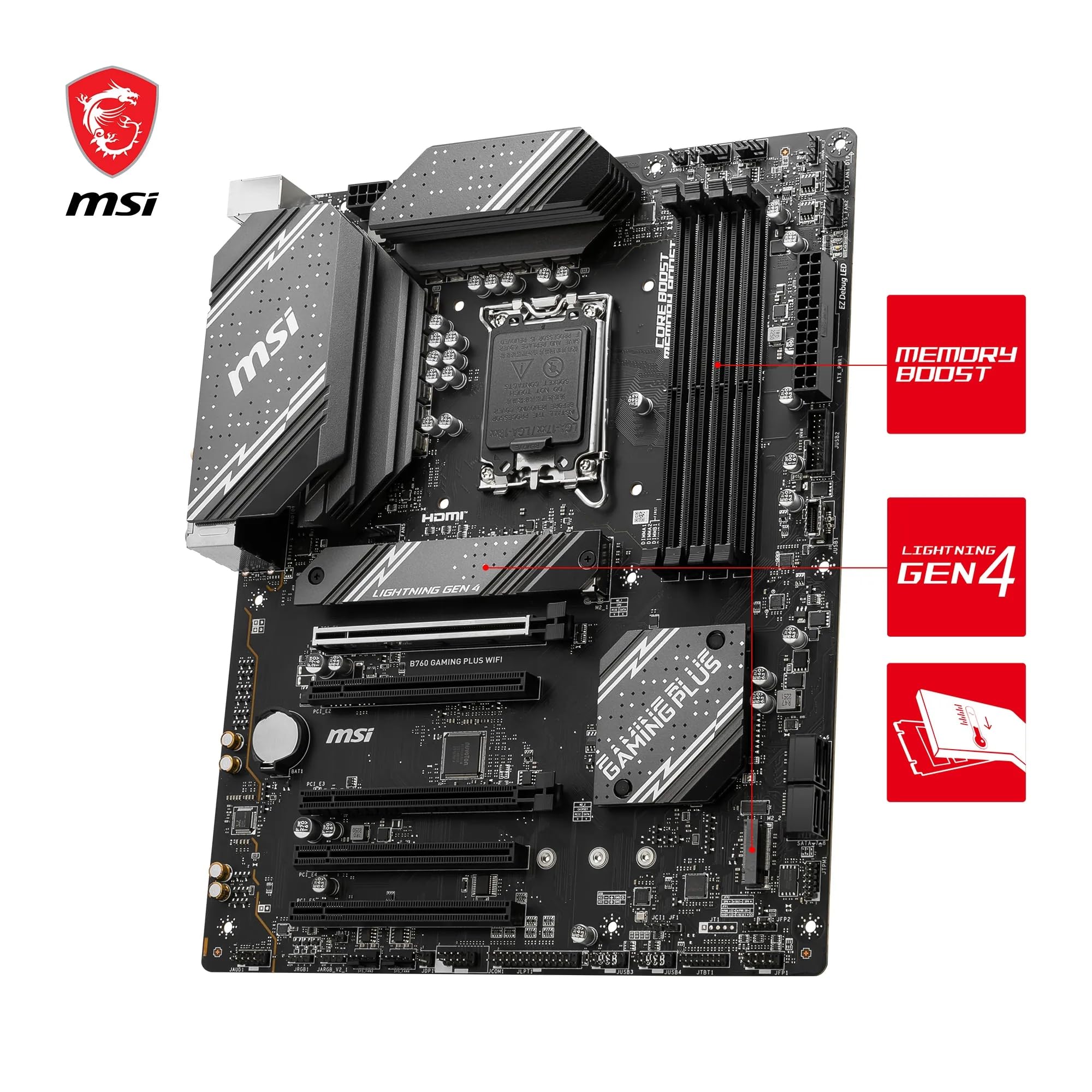 msi B760 Gaming Plus WiFi V1 Motherboard, ATX - Supports Intel 14th, 13th & 12th Gen Core Processors, LGA 1700 - DDR5 Memory Boost 6800+MHz/OC, 2 x PCIe 4.0 x16, 2 x M.2 Gen4, 2.5G LAN, Wi-Fi 6E