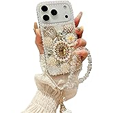 iFiLOVE for iPhone 17 Pro Bling Diamond Case with Flower Strap, 3D Luxury Sparkle Glitter Crystal Rhinestone Pearl Love Rose Wristband Bracelet Case Cover for Girls Women Kids (White)