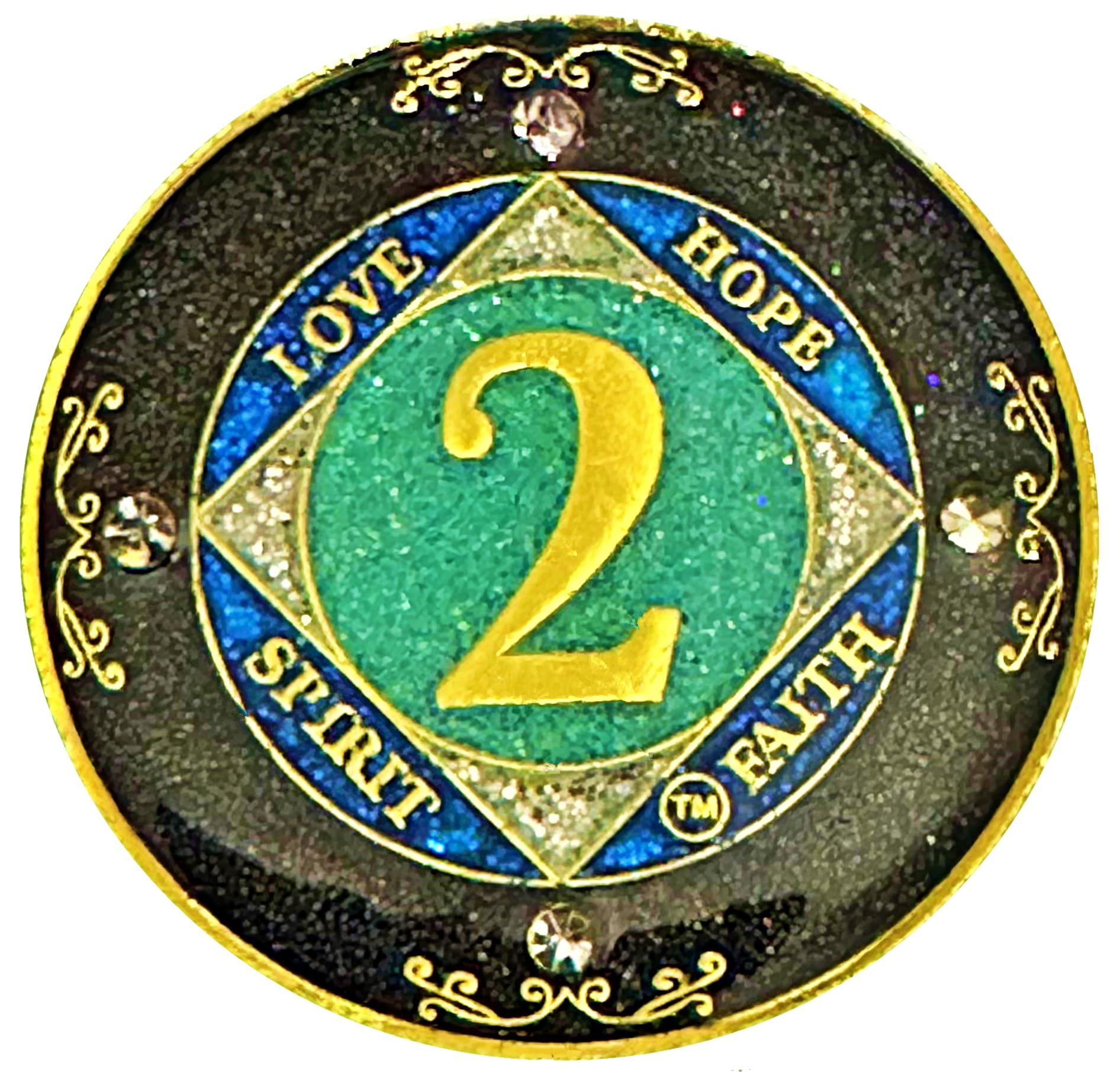 View 1 of (1-50 Years) NA 2 Year Crystals and Glitter Medallion, Golden Color Plated Coin, Black Rainbow, Blue Glitter and Four Clear Crystals (NA 2 Year Crystals and Glitter, Gold Color Medallion)