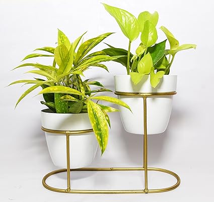 White Metal Planters for Living Room with Stand, Desk Metal pots Planters Stand Set of 2 (Without Plants)
