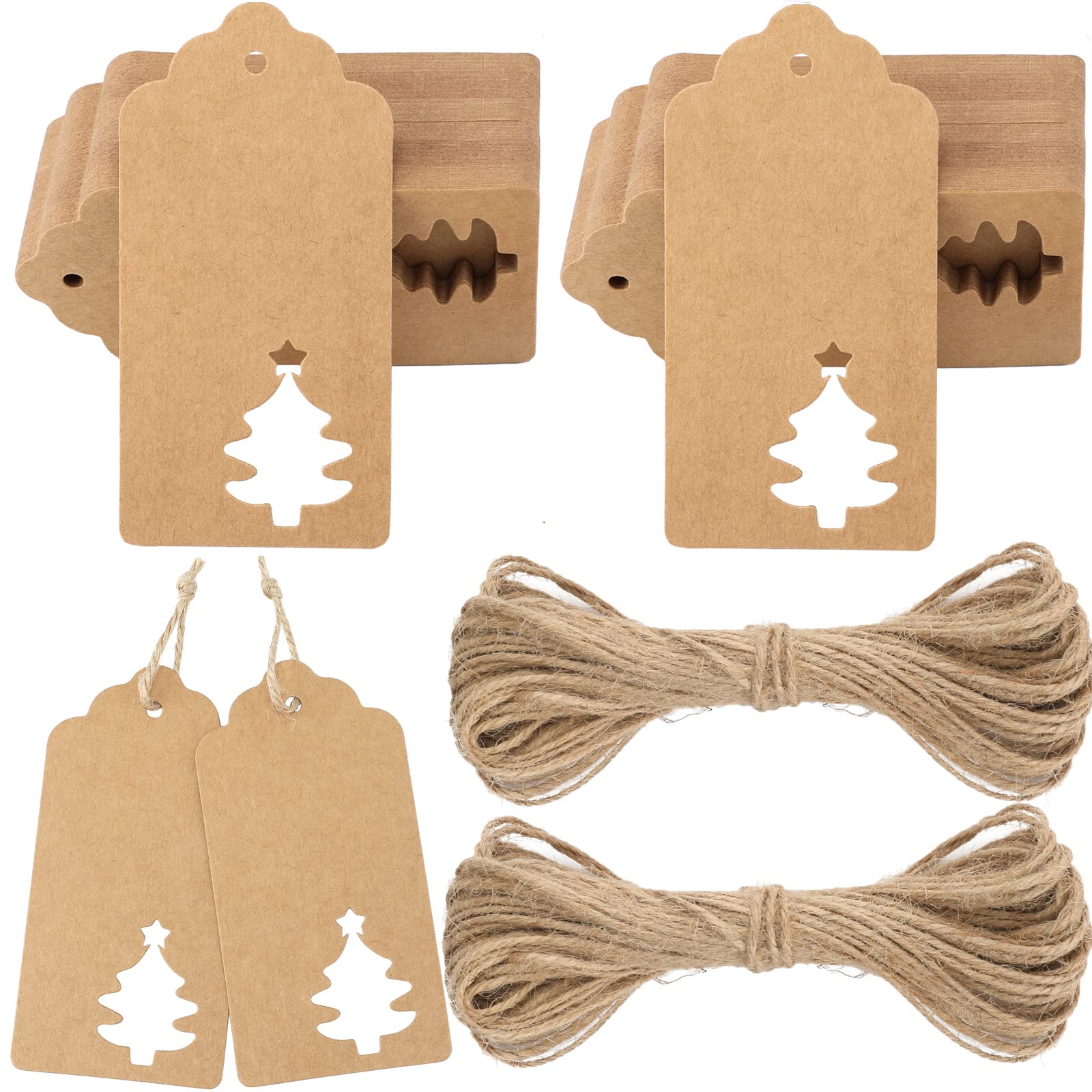 G2PLUS Large Brown Christmas Tags: 5 x 10 cm Xmas Labels for Presents, Kraft Paper Tags with String for Gift Wrapping Decorating, 100 pcs