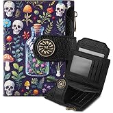 Mayski Goth Skull Garden Gothic Small RFID Wallet Women, PU Leather Bifold Zipper Coin Pocket Compact Cash Credit Card Holder Purse, Cute Travel Wallet for Ladies Teen Girls, 4 ID Window 14 Card Slots