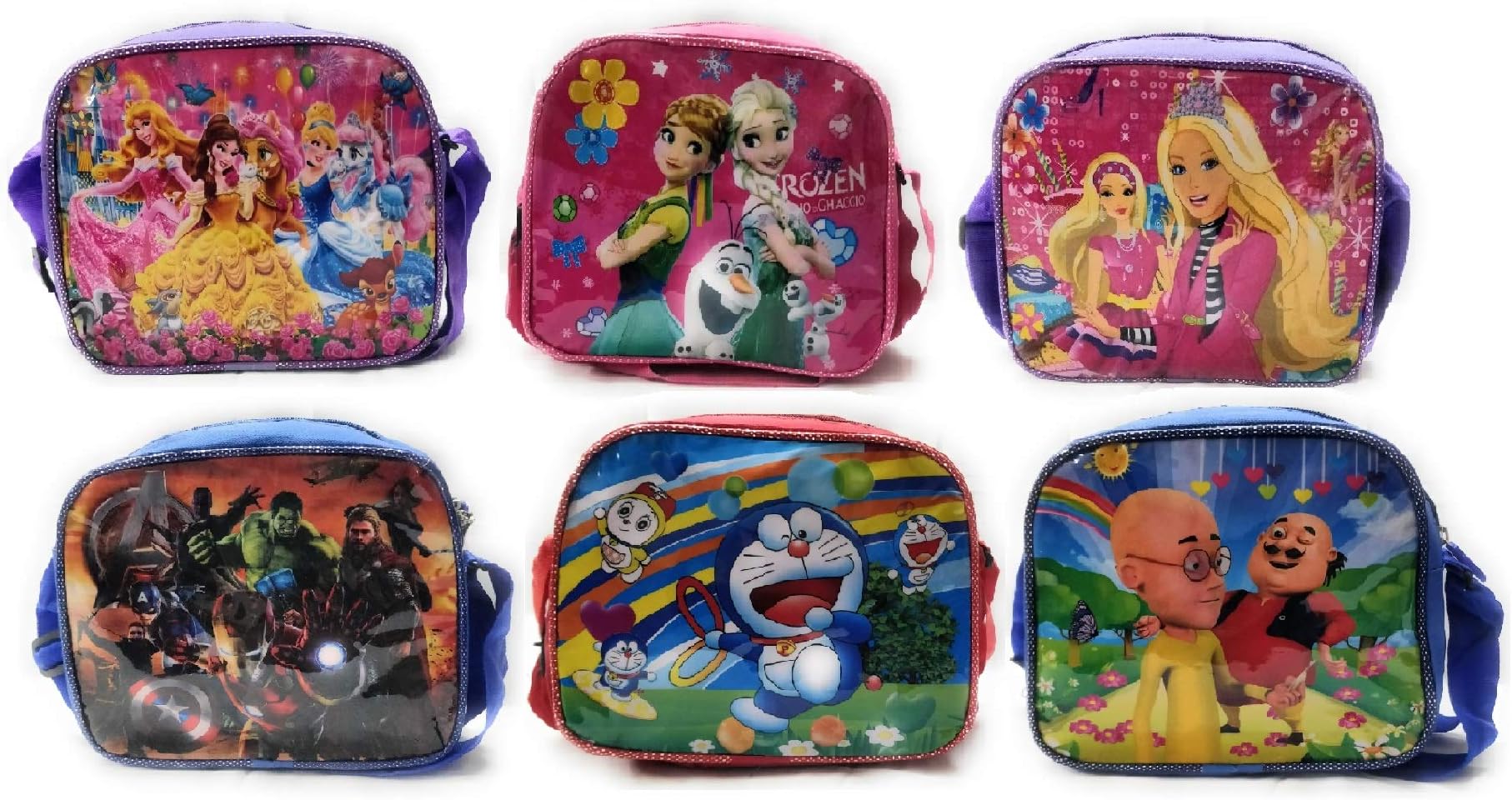 CSM Delhi Cartoon Printed Canvas Red, Blue, Purple Sling Bags for Kids- Pack of 6