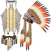Xtinmee 3 Pcs Halloween Native Costume Accessories Set Native Feather Headdress traditional American Choker Necklace and Beaded Breastplate for Halloween Party Cosplay Costume Accessories
