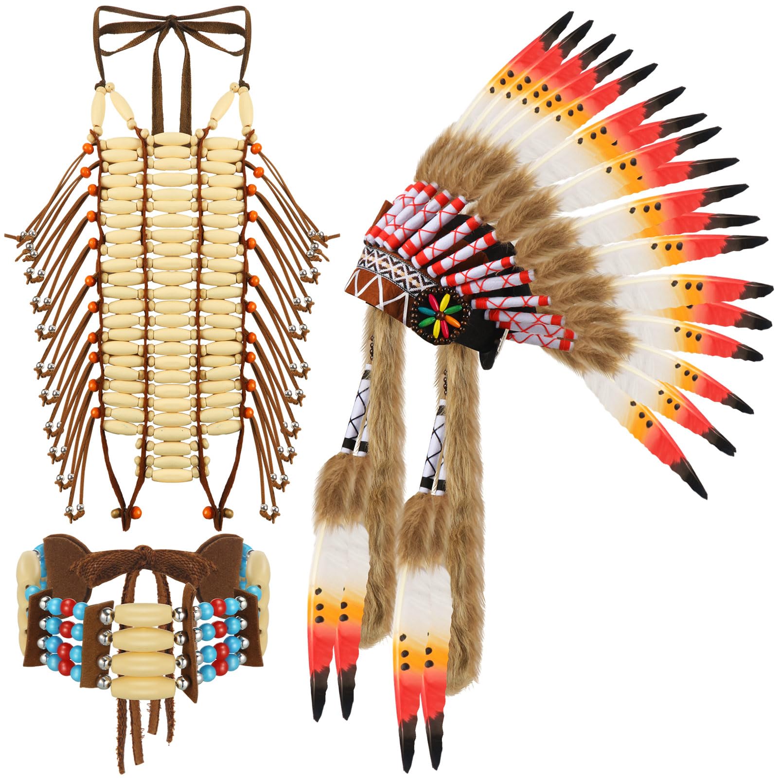 Photo 1 of Xtinmee 3 Pcs Halloween Native Costume Accessories Set Native Feather Headdress Traditional American Choker Necklace and Beaded Breastplate for Halloween Party Cosplay Costume Accessories