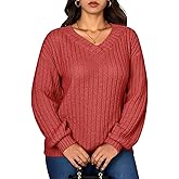 winkbay Women's Plus Size V Neck Sweatshirt Dressy Casual Long Sleeve Ribbed Knit Work Pullover Tops