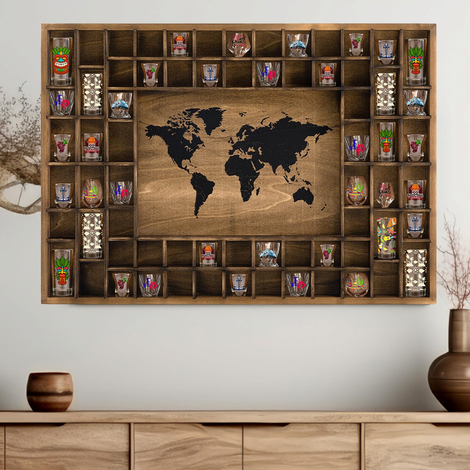 Photo 1 of **CHIP/ DAMAGE** GlikCeil Large Map Slots Shot Glass Display Case Rustic Wood Holder for Different Size Shelf Organizer Wall Mount Pint Shot Glass Storage(brown, 40 x 28'', World Map)