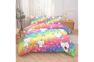 Tailor Shop Cat Girls Comforter Sets Twin Size,Cat Bedding Sets for Kids Teens Rainbow Comforter with 1 Pillowcase…