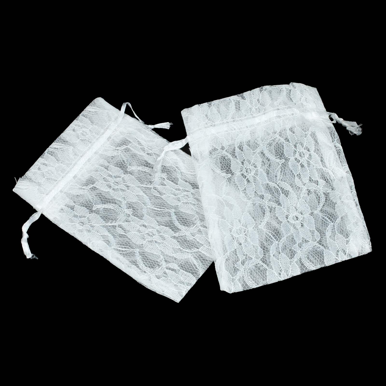 Vlovelife 50pcs White Lace Gift Bags Favor Pouches With Drawstring TWO LAYERS Floral Lace + Organza Favor Pouches Wrap for Wedding Party Gift Favor Bags Pouches - 4'' x 6''