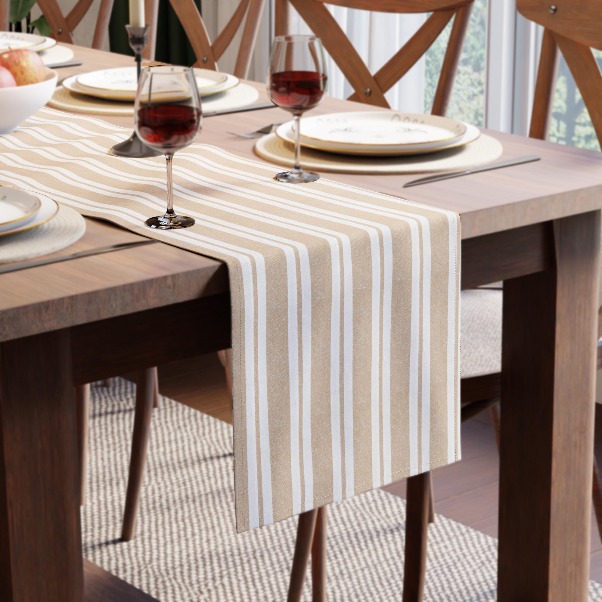 Encasa XO Cotton Dining Table Runner | Franca Beige Stripes | Size 13x59 in - Machine Washable & Durable