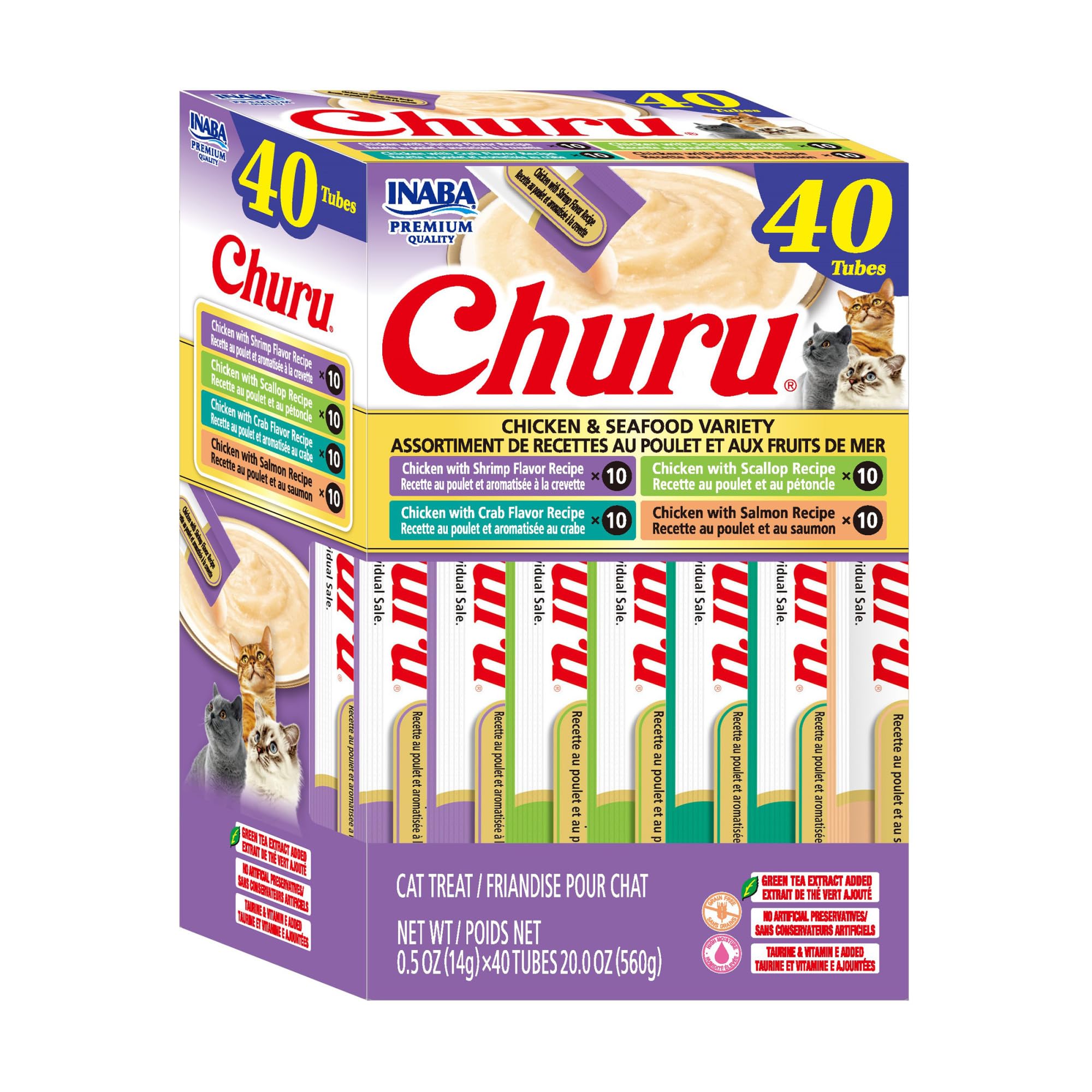 INABA Churu Cat Treats, Lickable, Squeezable Creamy Purée Cat Treat with Green Tea Extract & Taurine, 0.5oz. Each Tube, 40 Tubes, Chicken & Seafood Variety Image