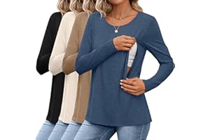 OAKGARDEN 4 Pack Women's Cotton Nursing Tops, Breastfeeding Maternity with Hidden Zippers Crew Neck Long Sleeve Pregnancy Shirts
