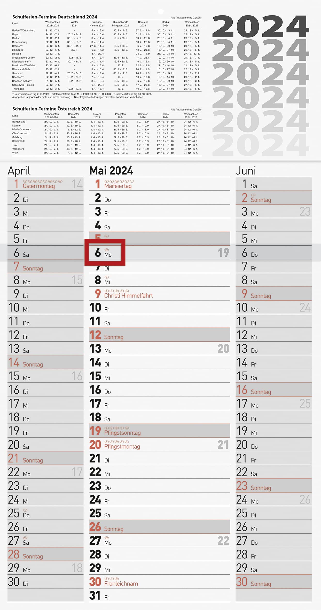 BRUNNEN 3-month calendar 2024, 1 sheet = 3 months, 30 x 55.5 cm, one-piece back: grey