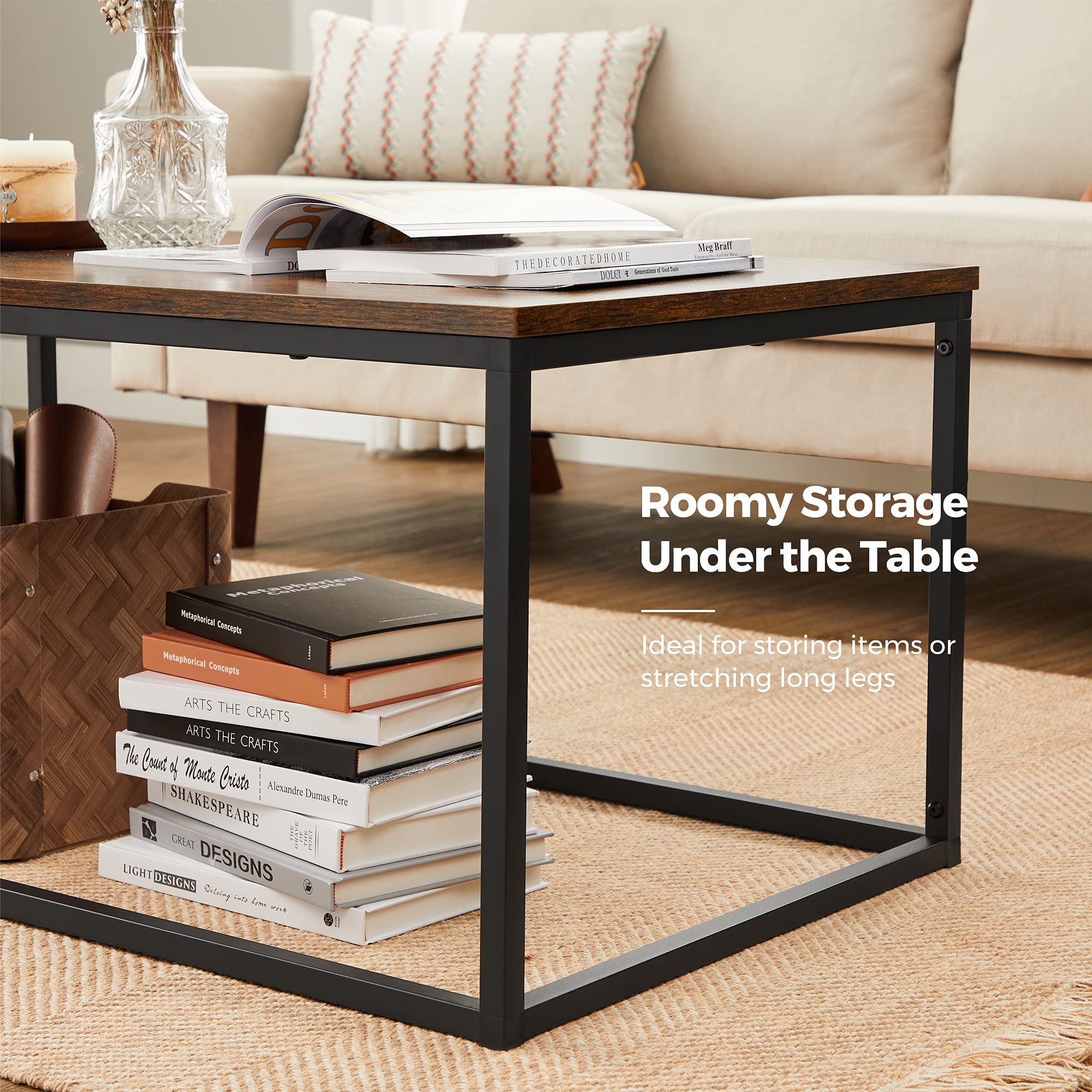 VASAGLE Coffee Table with Thickened Board, 39.4 Inch, Open Rectangle Living Room Table, Steel Frame and Wood Panel, Easy to Assemble, for Living Room, Industrial, Rustic Brown and Black ULCT052B01