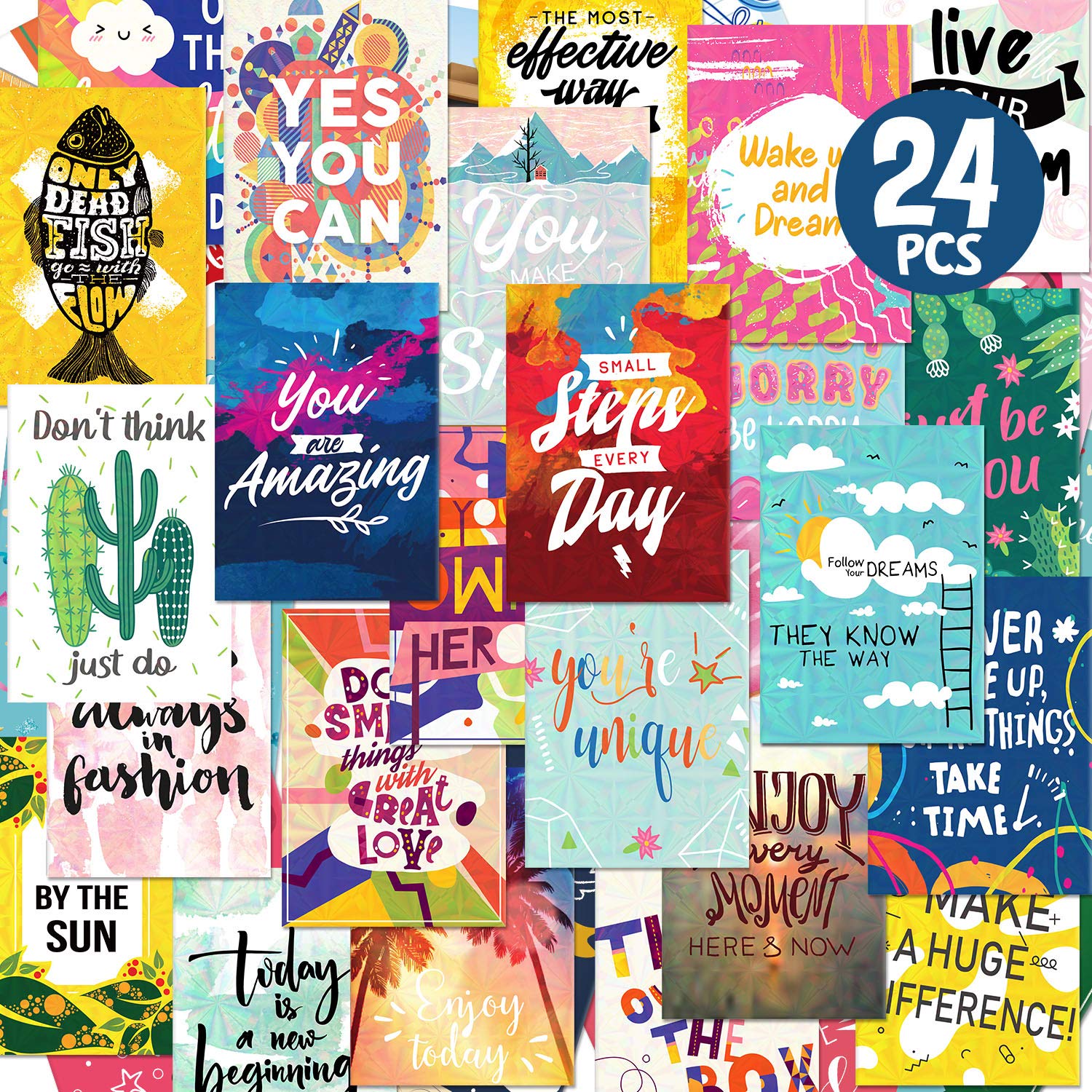 DEEPLAY Motivational Encouragement Greeting Cards, 24 Packs Holographic Inspirational Quote Cards, Thinking of You, Appreciation and Kindness Cards for Colleagues, Classmates, Family and Friend