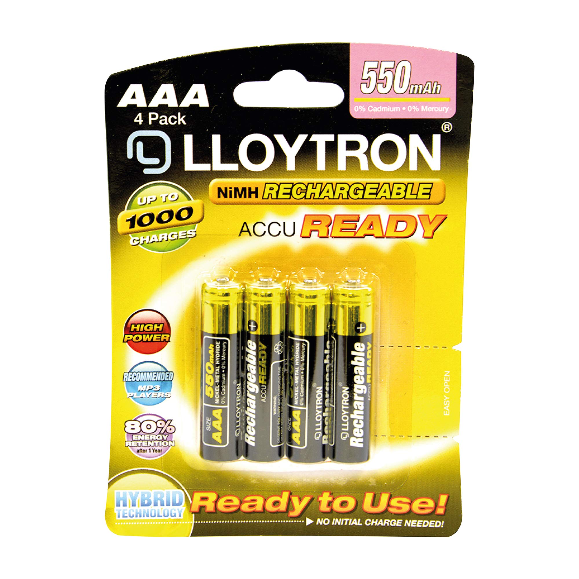 LLOYTRON NiMH Rechargeable AccuReady Batteries / AAA Size / 550mAh / Ready to Use/ 4 Pack - B008