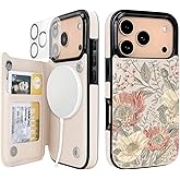 uCOLOR for iPhone 17 Pro Wallet Case Magsafe with Card Holder Slot【Compatible with MagSafe】 Folio Flip PU Leather Double Magnetic RFID Design with Camera Lens Protector 6.3" (Pink Vintage Flowers)