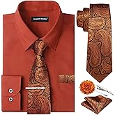 Barry.Wang Solid Colors Mens Dress Shirt and Tie Set Formal Business Wedding Shirts Long Sleeve Button Down Casual 6PCS