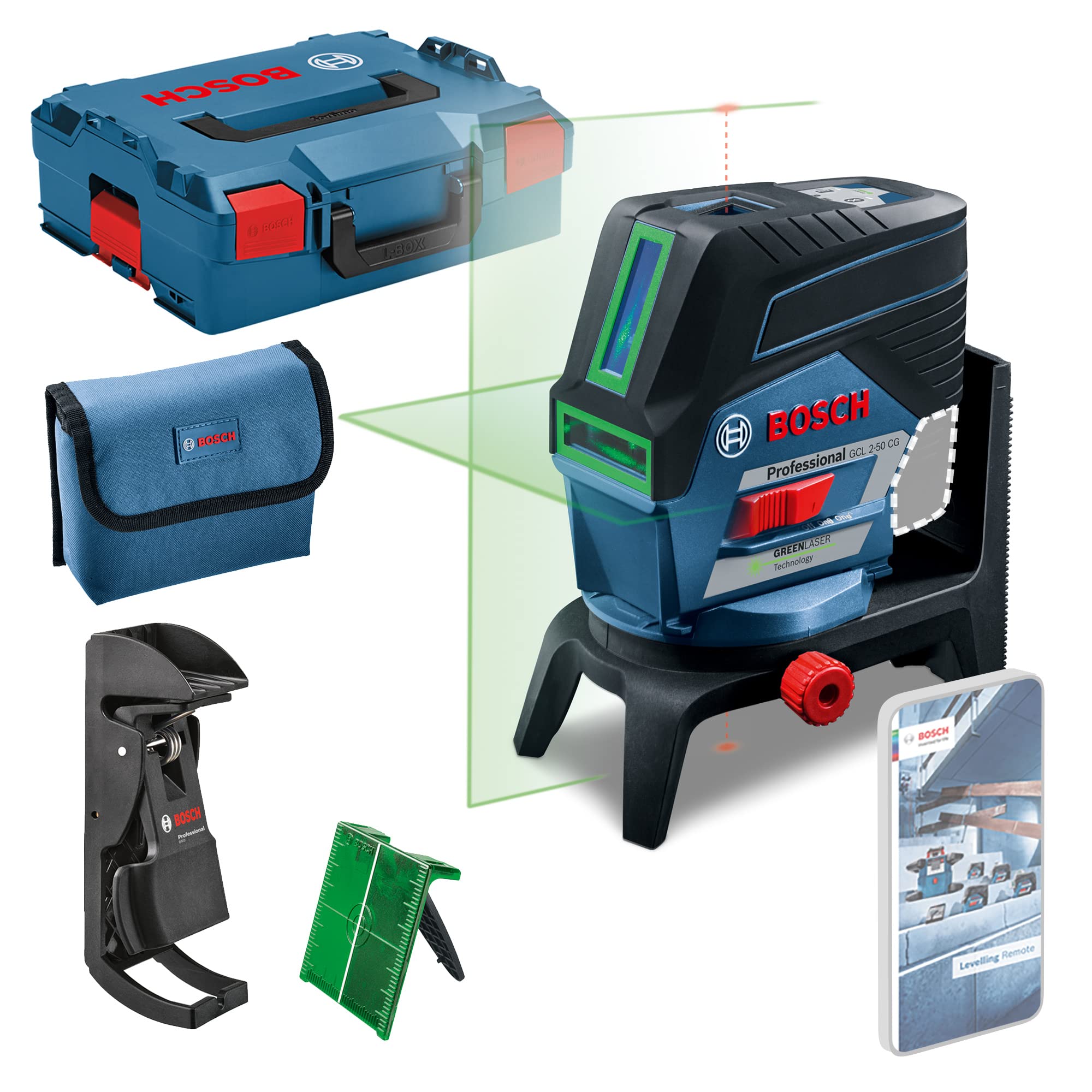 Bosch Professional 12V System Laser Level GCL 2-50 CG (without battery and charger, green laser, interior, w/app function, mount, visible working range: up to 20m, in L-Boxx), 0601066H03