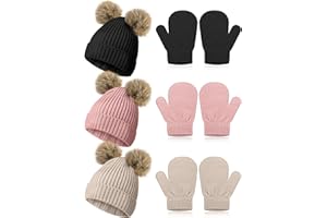 SATINIOR 3 Set Toddler Hat Glove Set, Kids Winter Hats Warm Knitted Beanie Mittens Gloves with Bow for Baby Girls Boys 0-6Y