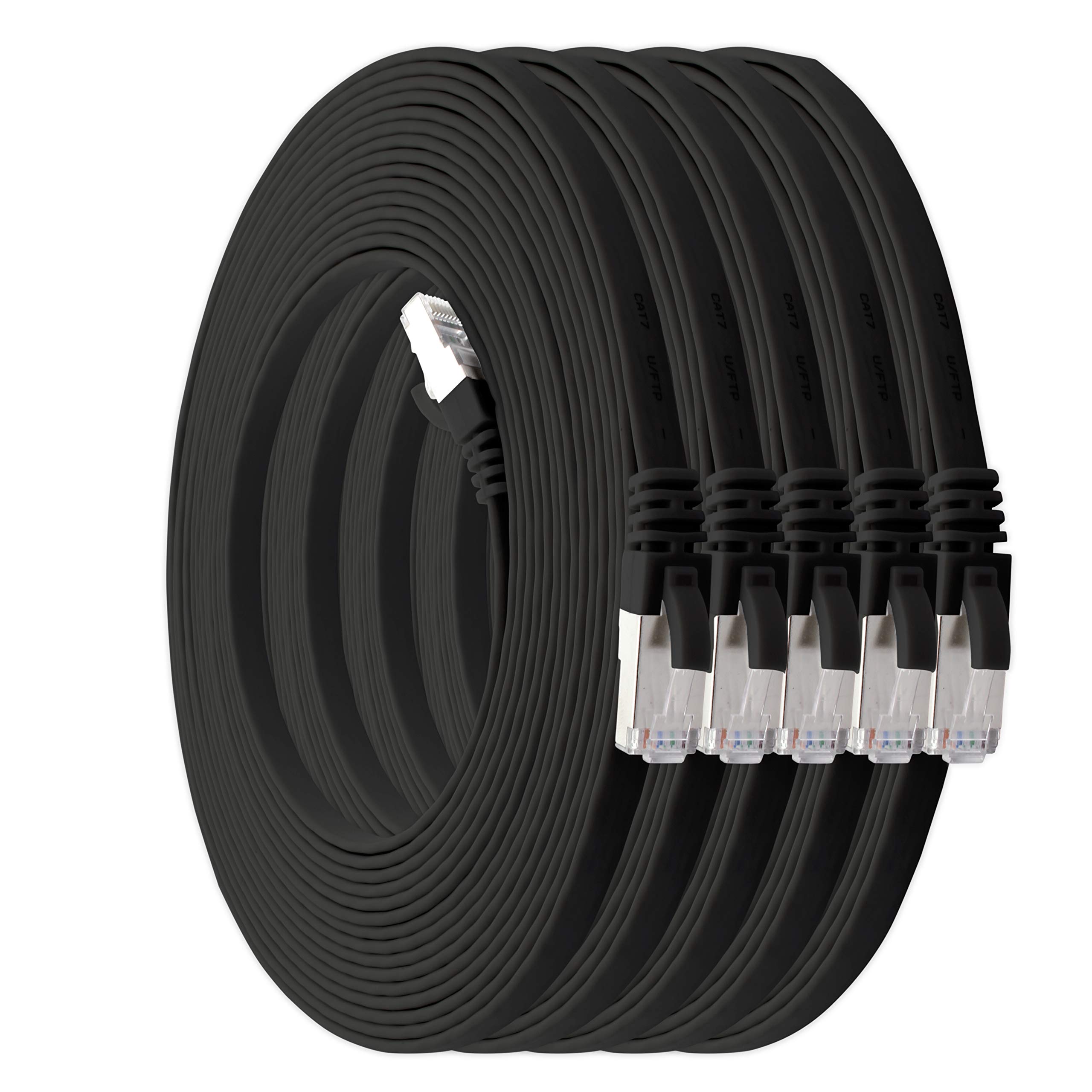 1aTTack.de 7.5 m - black - pack of 5 Cat7 flat cable network cable Cat 7 raw cable Gigabit Lan (10Gbit/s) ribbon cable installation cable patch cable flat slim Rj 45 plug Cat6a